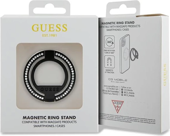 Mbështjellës Guess MagSafe Ring Stand me kristale, për celular, i zi