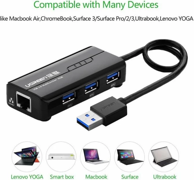 hub USB 3.0 UGREEN 20265 me 3x USB-A + RJ45 Gigabit Ethernet, e zezë, në kuti