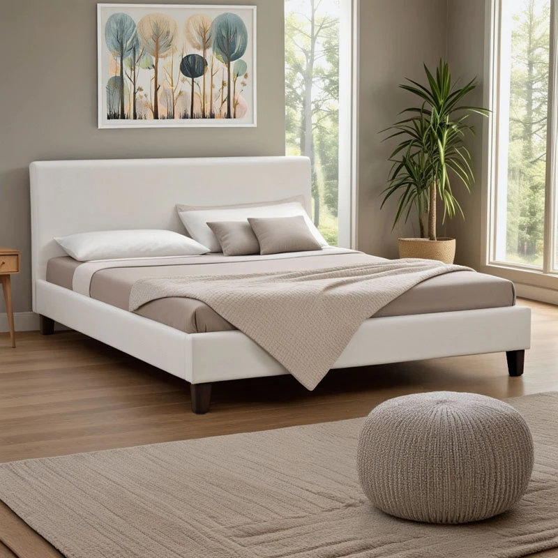 Krevat dopio Nevil, lëkurë PU e bardhë mat, 150x200