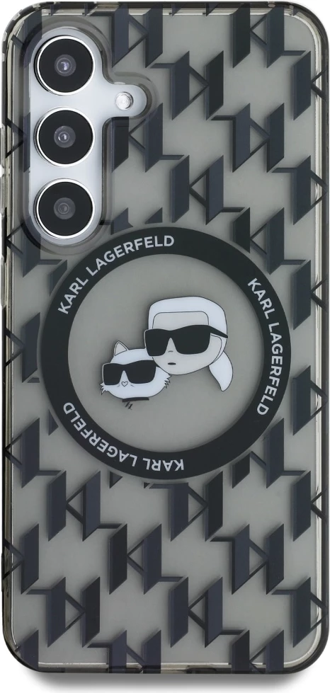 Mbështjellës Karl Lagerfeld Button Karl&Choupette Heads On KL Pattern MagSafe për Samsung Galaxy S25, zi