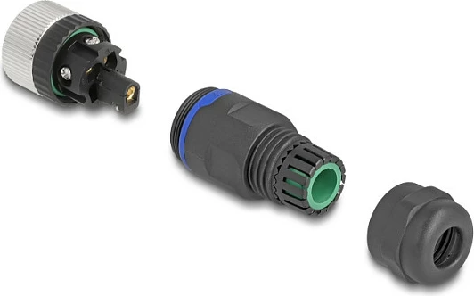 Konektor DeLOCK M12 A-coded 5-pin femër, cross-connector, IP67, metal, lidhje me vida, zi/argjend