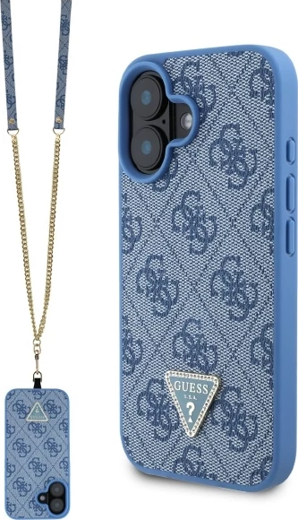 Mbështjellës Guess për iPhone 16, lëkurë, logo metalike, rrip, Blu