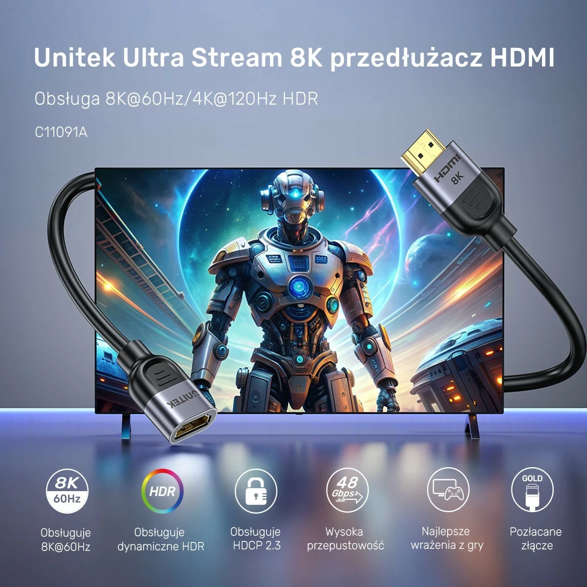 Kabllo zgjatëse HDMI Unitek, 2.1, 8K, 2m, argjendtë-zi