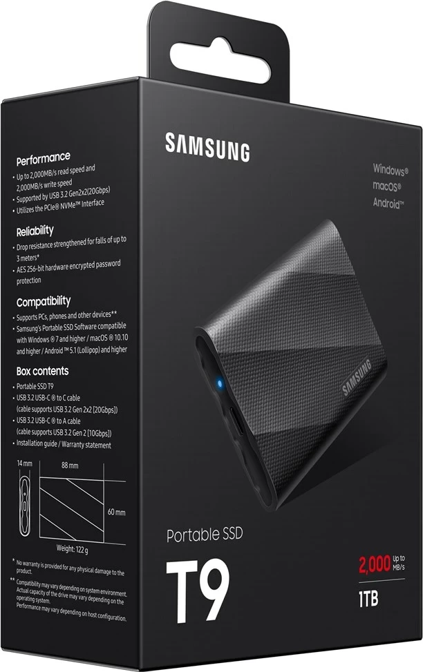 SSD portabël Samsung MU-PG1T0B 1 TB, USB Type-C 3.2 Gen 2, e zezë