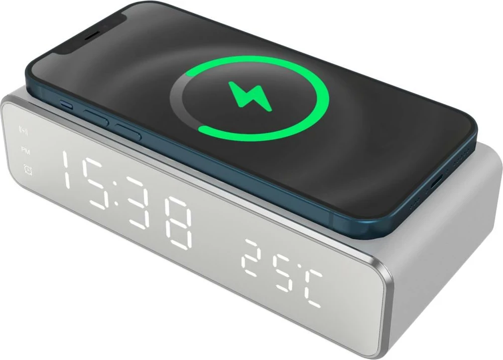 Orë alarmi Techmade me karikim wireless 15W, argjendtë