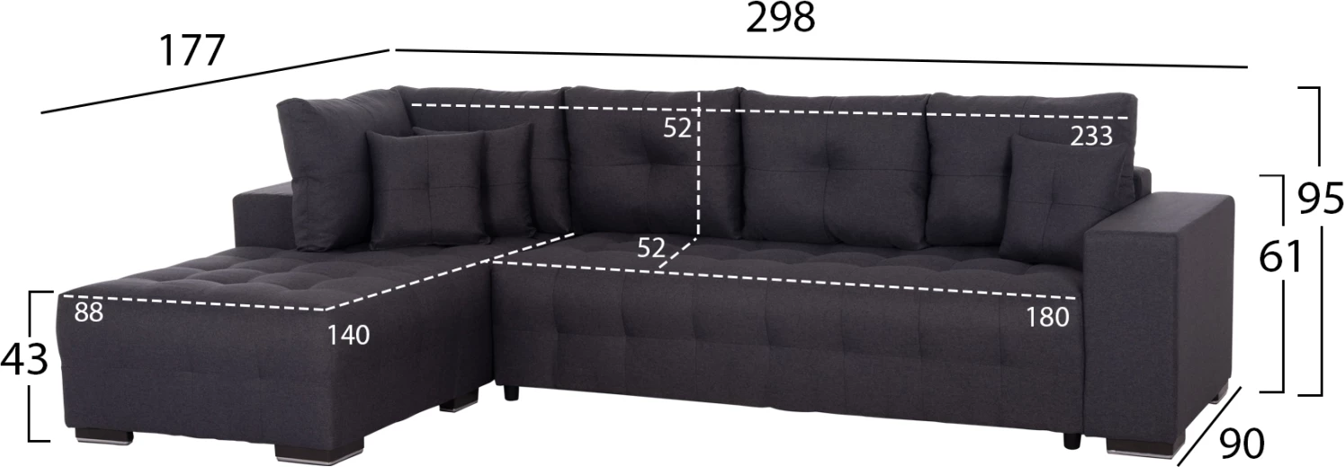 Kënd-sofë me hapësirë për magazinim, Trendston FH3302.01L, material gri, 298x177x95cm