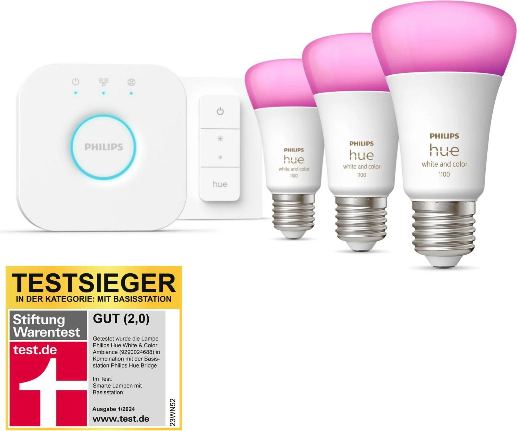 Kit ndriçimi i mençur Philips Hue, 3 llampa E27, dimmer switch, Bluetooth/Zigbee, Bardhë