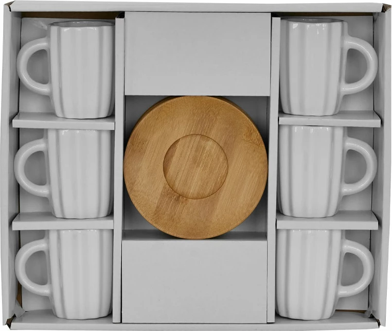 Set filxhanësh espresso Cactus, 6 copë, porcelan i bardhë, bambu natyral, 27x22x6cm