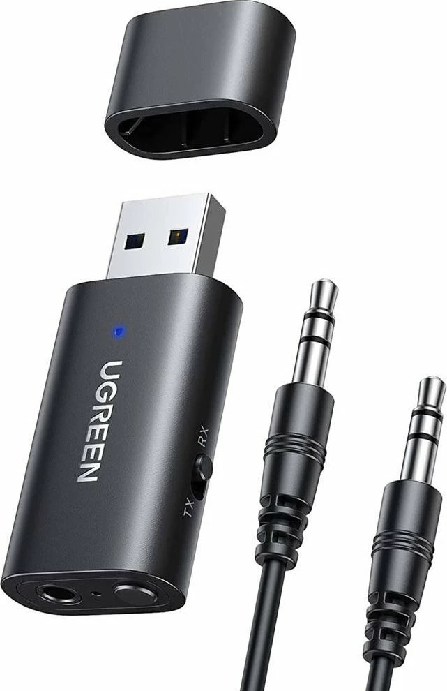 Adapter Bluetooth audio Ugreen CM523 (UGR1207BLK), Bluetooth 5.1, USB-A, AUX 3.5mm, transmetues/marrës, i zi, me kabllo 1m