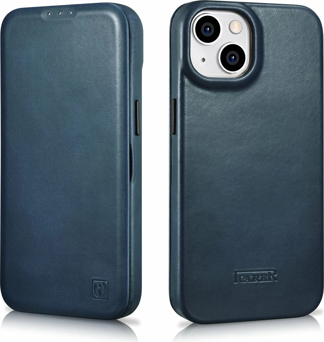 Mbështjellës iCarer Oil Wax Premium Leather Folio për iPhone 14 Plus, MagSafe, kaltër