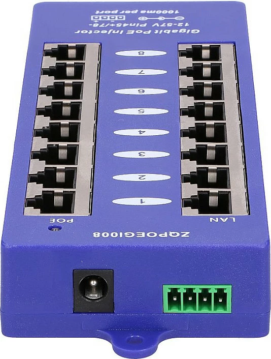 Injektor PoE Extralink ZQPOEGI08, 8 porta Gigabit, Mode B, 48V, i kaltër