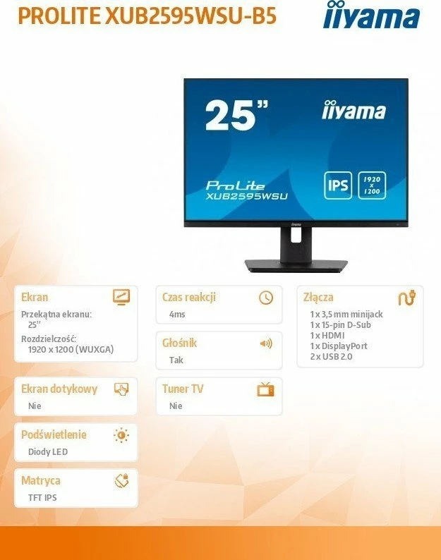Monitor iiyama ProLite XUB2595WSU-B5 25\" IPS WUXGA 75Hz FreeSync, i zi