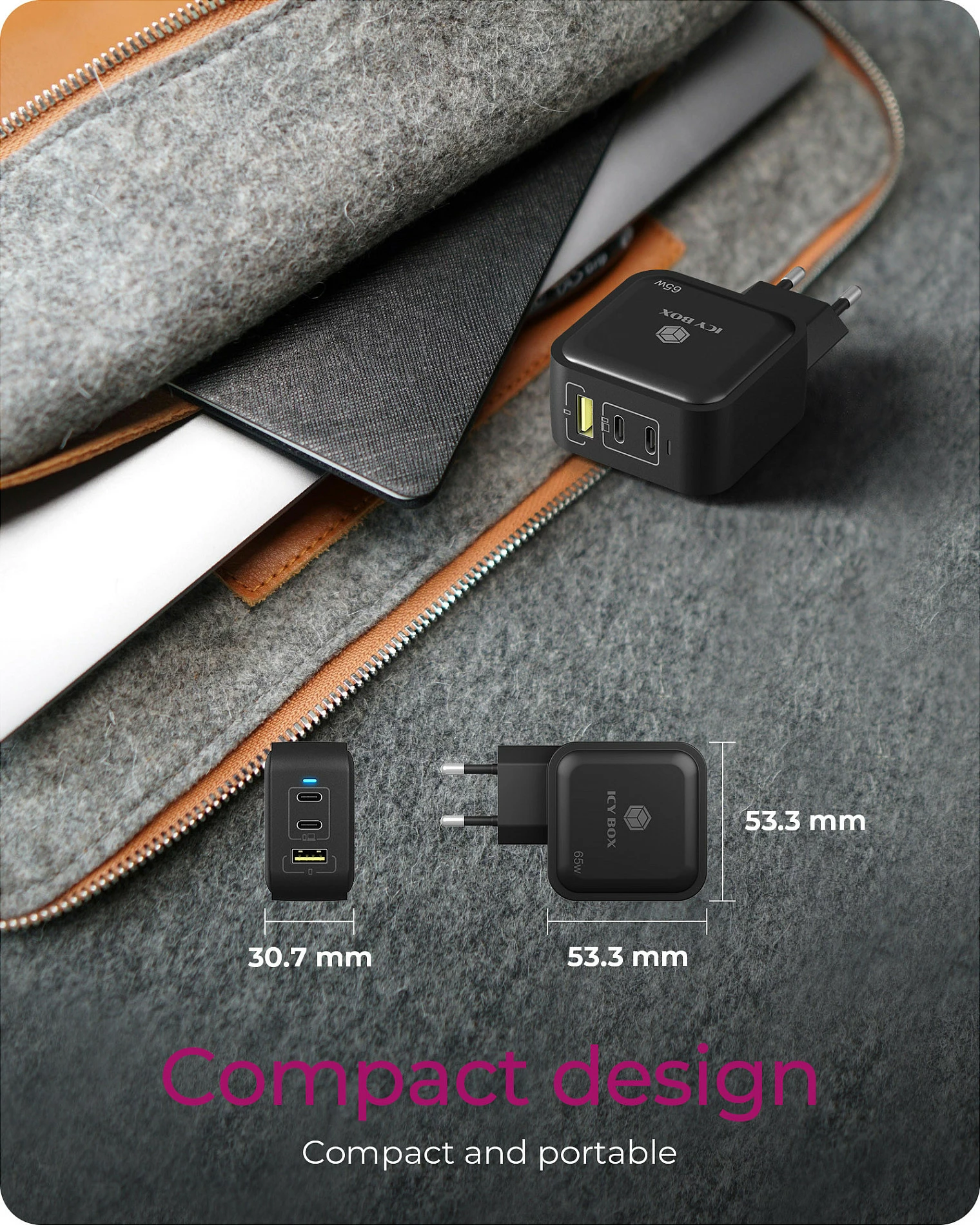 Karikues muri ICY BOX IB-PS1030-PD, 65W GaN, 3 porta (2x USB-C + USB-A), i zi