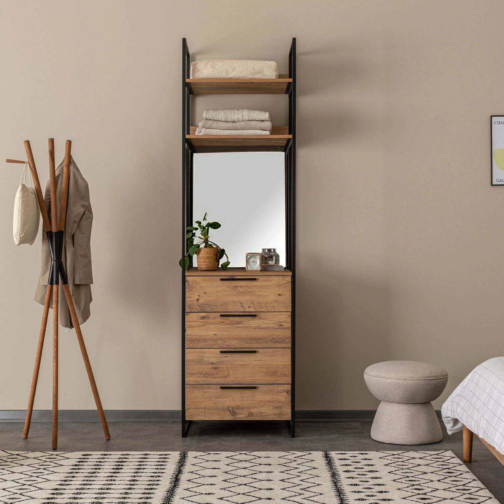 Dollap Hanah Home, Dynamic - 09, ngjyrë Atlantic Pine, me pasqyrë dhe 4 sirtarë