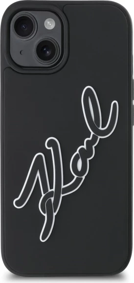 Mbështjellës Karl Lagerfeld 3D Rubber Signature për iPhone 15, i zi