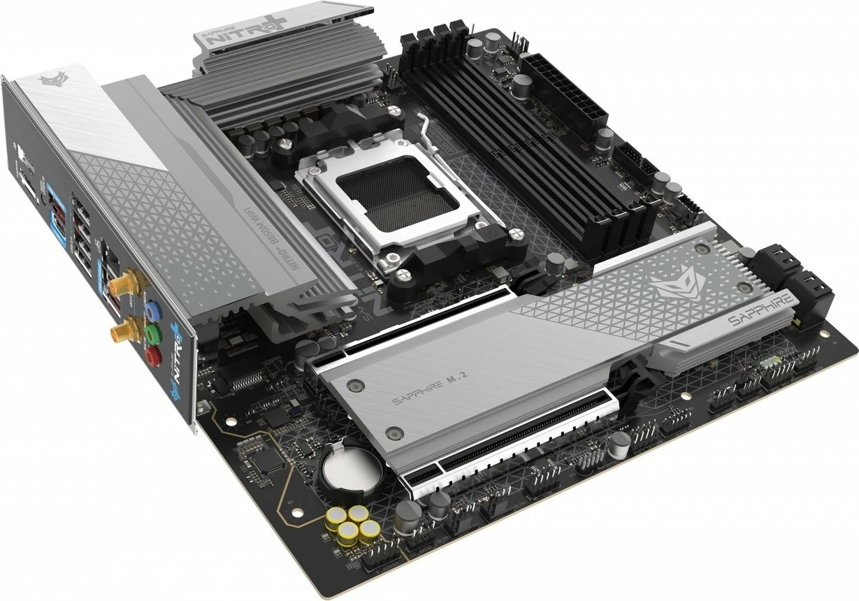 Pllakë amë, Sapphire NITRO+ B850M WIFI, AMD B850 AM5, mATX 244x244 mm, 4x DDR5 deri 256GB 8000 MHz, PCIe 5.0 x16 dhe M.2, Wi-Fi 6 dhe Bluetooth 5.3