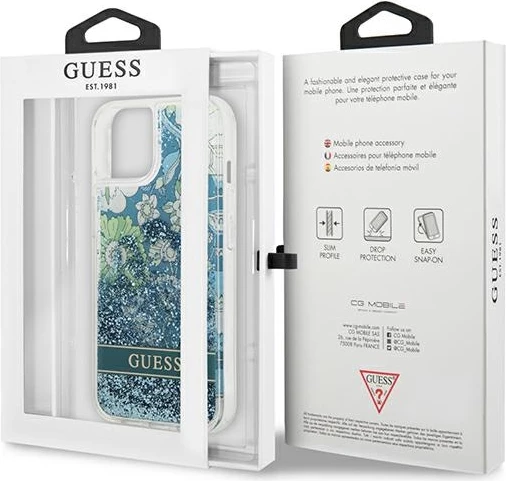Mbështjellës Guess Flower Liquid Glitter për iPhone 13 6.1", i fortë, Gjelbër