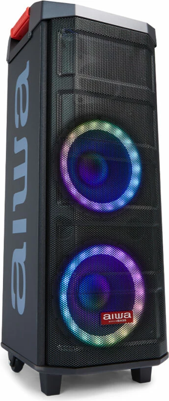 Altoparlant portativ Bluetooth Aiwa KBTUS-608 80 W RMS me drita RGB, me karrocë me rrota, i zi, me 2 mikrofonë wireless