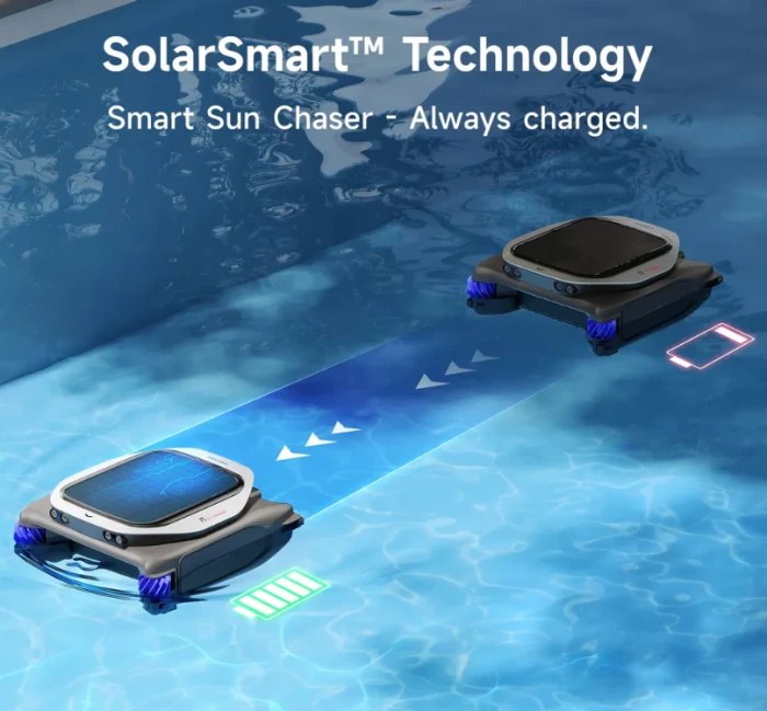 Robot skimmer për pishinë Dreame J1, panel solar 18 W, bateri 5000 mAh, filtrimi 200 μm, rezervuar 5 L