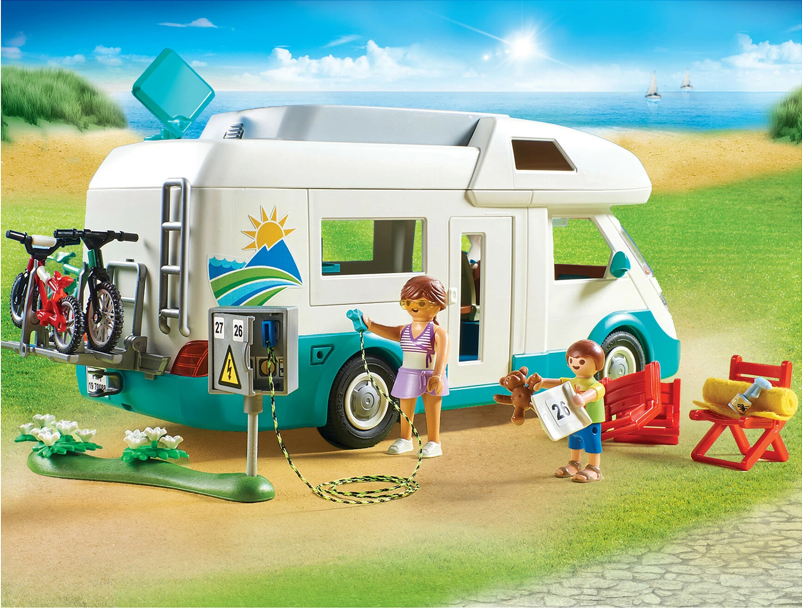 Set lodër Playmobil Family Fun 70088 Wohnmobil familjar, 58 pjesë, 4+, bardhë/tyrkiz