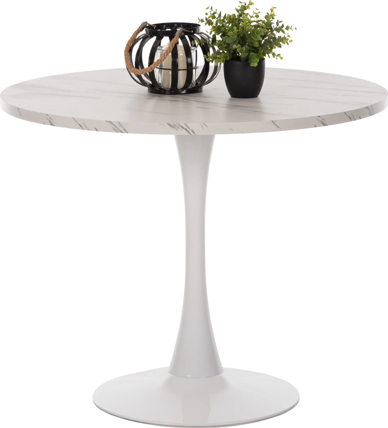 Tavolinë e rrumbullakët për ngrënie, ROLLO FH9421.01, melaminë, ngjyrë mermeri të bardhë, këmbë metalike, Φ90x74H cm