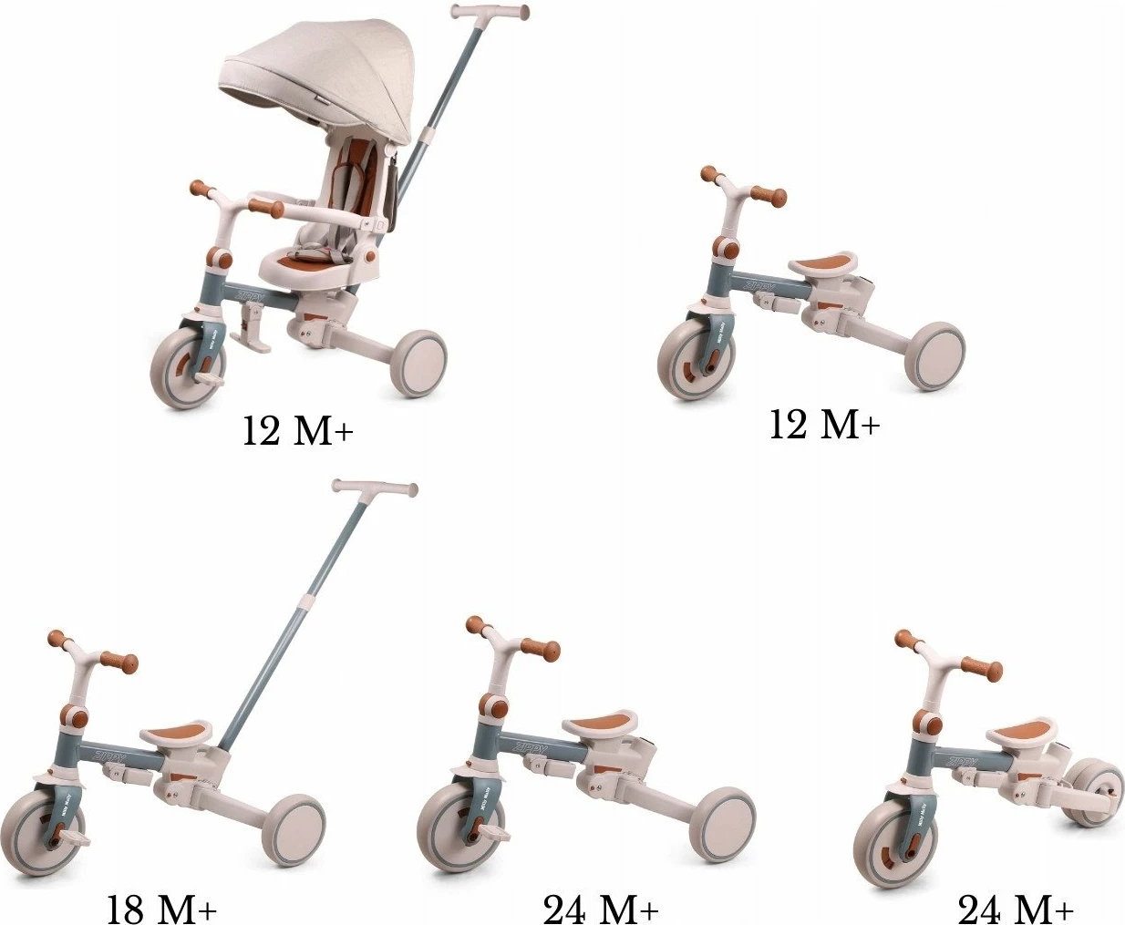 Tricikël fëmijësh Milly Mally Zippy, 12+ muaj, 25 kg max, ulëse rrotulluese 180°, rrota shkumë, kornizë çeliku, me tendë dhe shtytës prindi, Blu