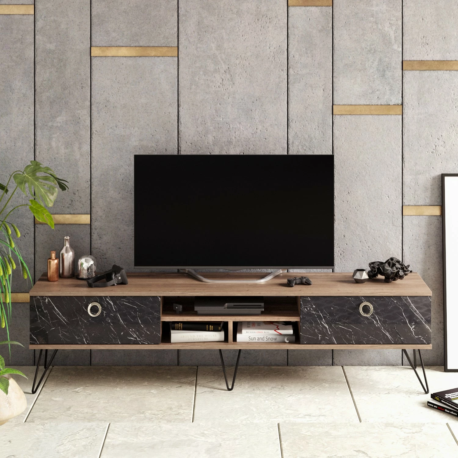 Komodë TV Skye Decor, Lorenz, ngjyrë arre dhe e zezë