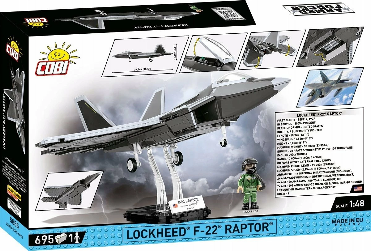 Set blloqesh ndërtimi Cobi Lockheed F-22 Raptor GXP-914620, 695 copë, shkallë 1:48, 1 figurë pilot, me stendë ekspozimi, e hirtë