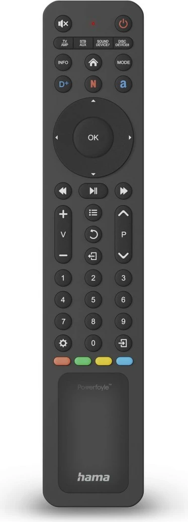 Telekomandë universale solare, Hama, 221057, 8‑në‑1, butona streaming, funksion mësimi, USB‑C, e zezë