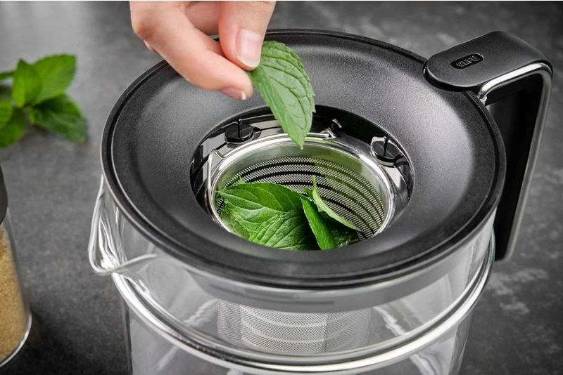 Çajnik GEFU T-PREP me ngrohës 1.5L, inox/transparente/zezë
