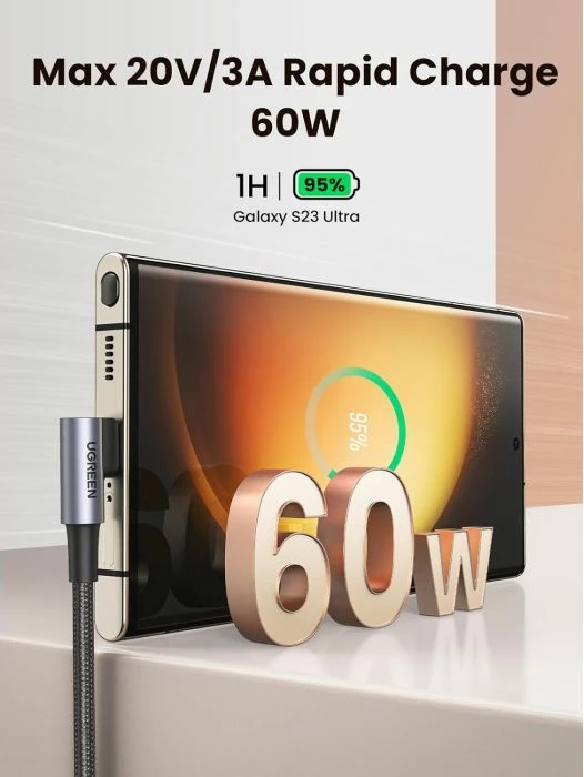 Kabllo USB-C në USB-C UGREEN Corner 70531, 60W, 2m, kënd 90°, 480Mbps, e thurur, e zezë/argjendtë