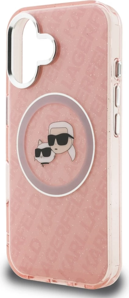 Mbështjellës Karl Lagerfeld IML Glitter Karl & Choupette Heads Logo, MagSafe, hardcase TPU/PC, për iPhone 16, rozë, me kuti