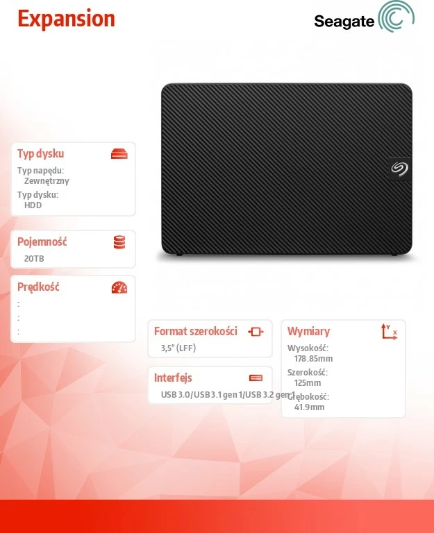 Hard disk i jashtëm Seagate Expansion, 20TB, 3.5", USB 3.0, i zi