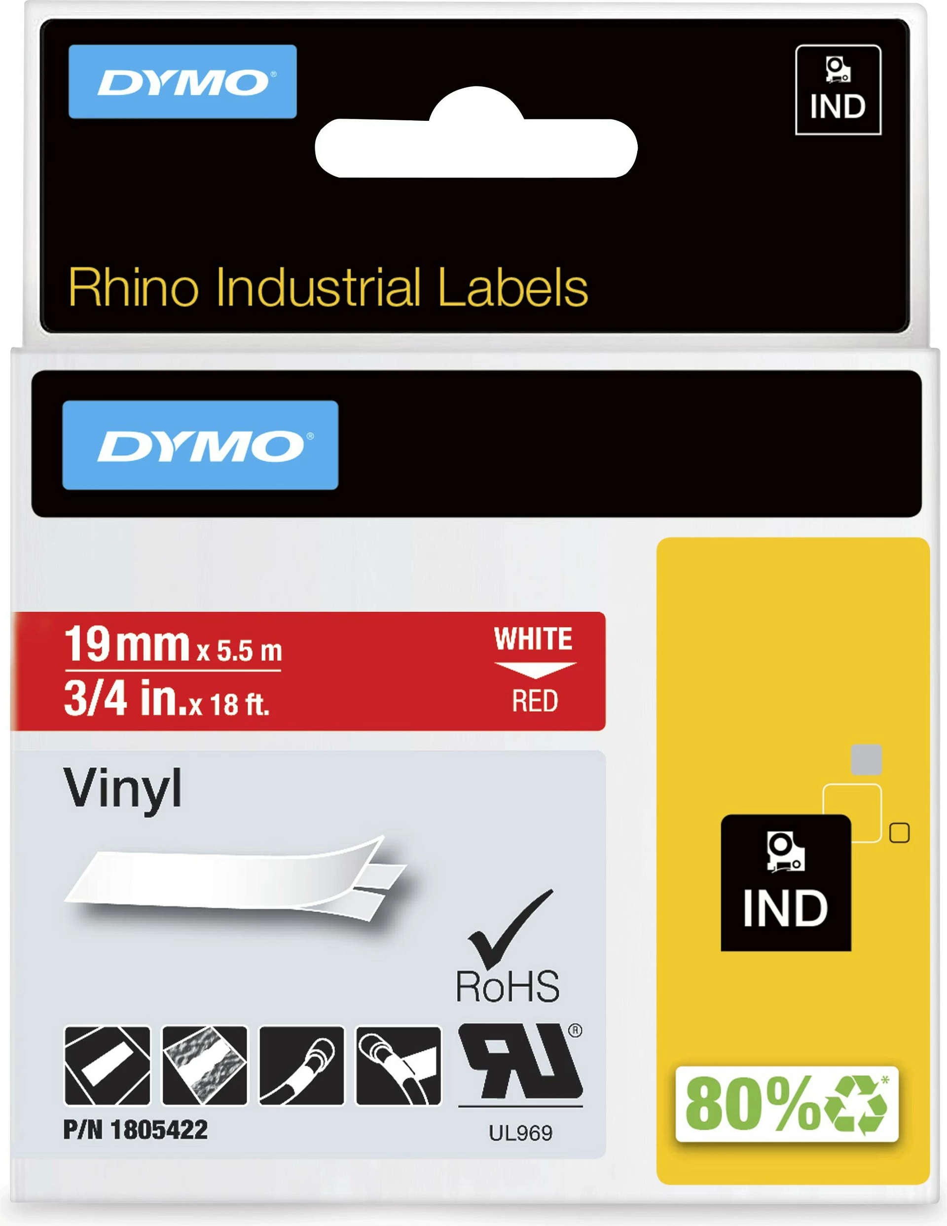 Shirit etikete Dymo Rhino Vinyl 19mm x 5.5m, tekst i bardhë / shirit i kuq