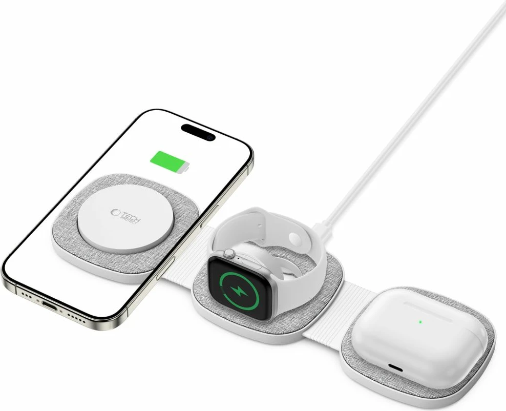 Karikues wireless 3-në-1 Tech-Protect QI15W-A32 me MagSafe, për iPhone/Apple Watch/AirPods, Gri
