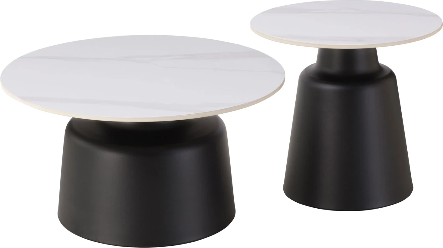 Set tavolina kafeje RINKON, dy copë, sipërfaqe qeramike, pamje mermeri të bardhë, FH18263.01, Φ50cm & Φ70cm