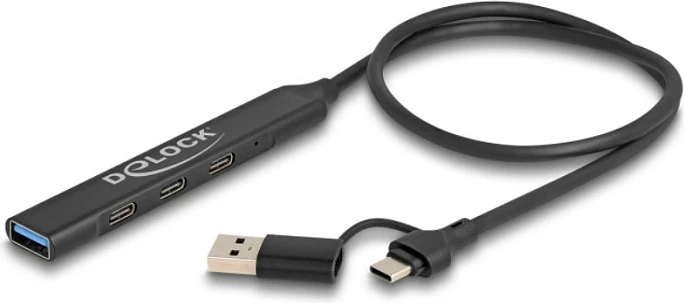 Hub USB DeLOCK Slim 4-Port, 3x USB-C + 1x USB-A, 5 Gbps, 0.5 m, metal, zi