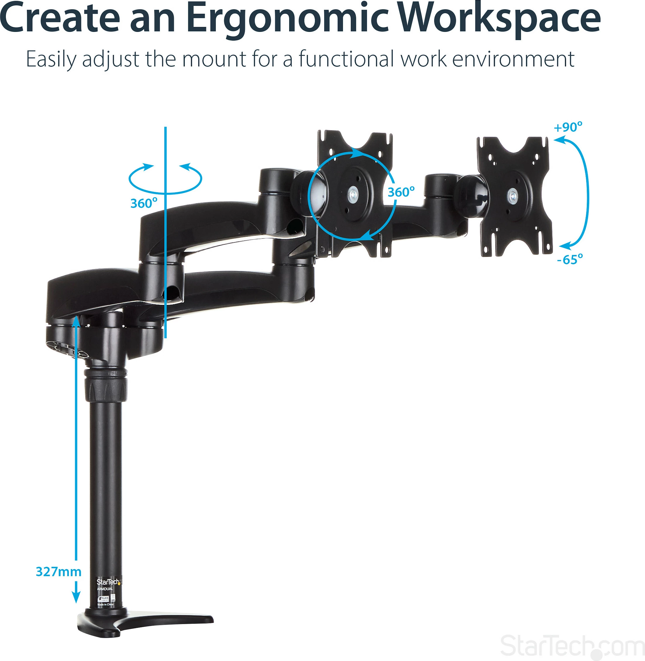 Mbajtëse për dy monitorë StarTech ARMDUAL, montim në tavolinë me clamp/grommet, VESA 75x75/100x100, 12-24", e zezë