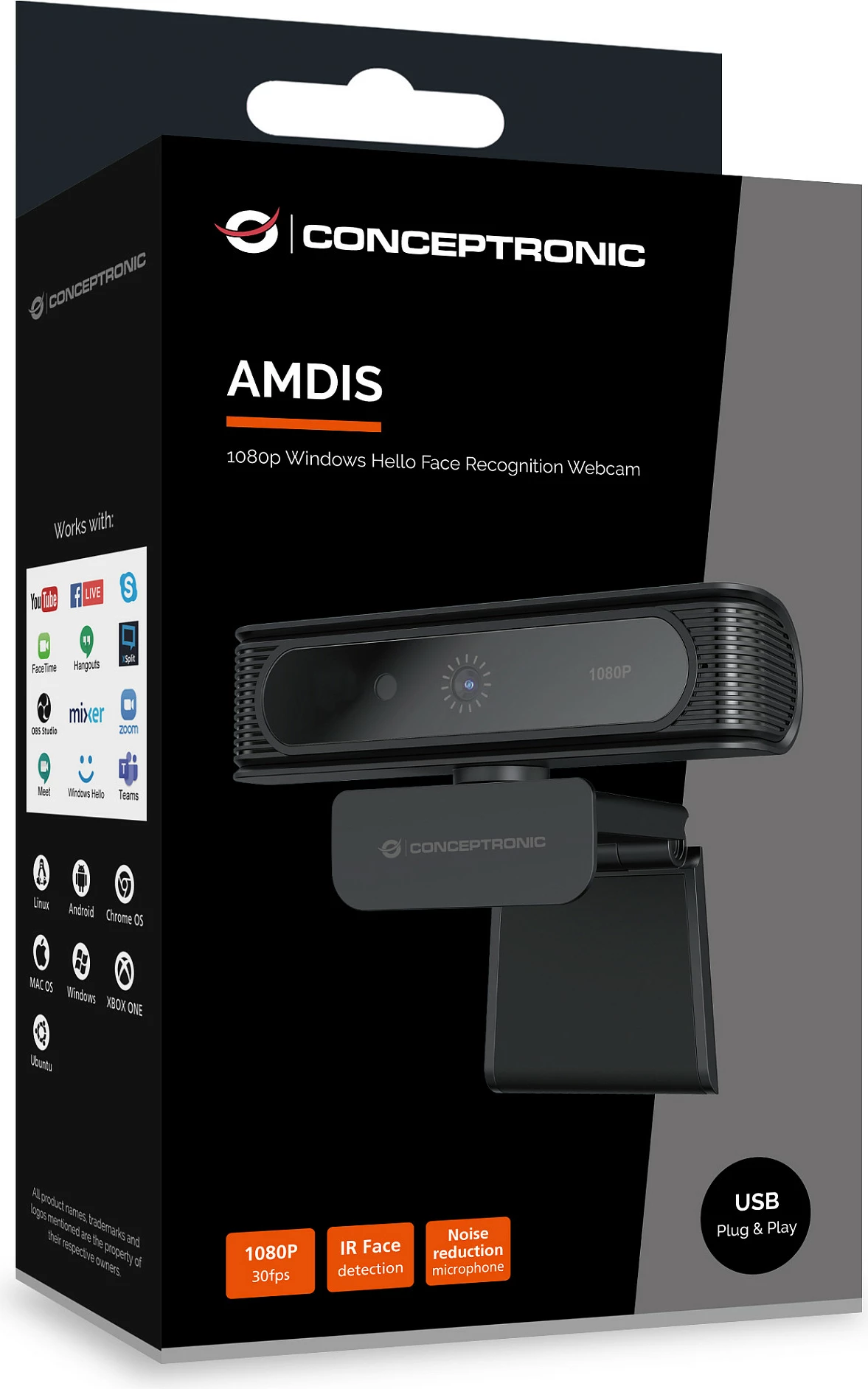 Webcam Conceptronic AMDIS09B, Full HD 1080p, Windows Hello, USB, 80°, e zezë