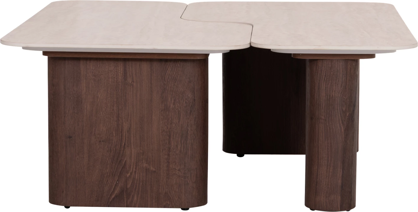 Set tavolina kafeje 2 copë Notte FH18432, sipërfaqe qeramike ngjyrë travertin, këmbë MDF ngjyrë arre, 100x100x43 cm