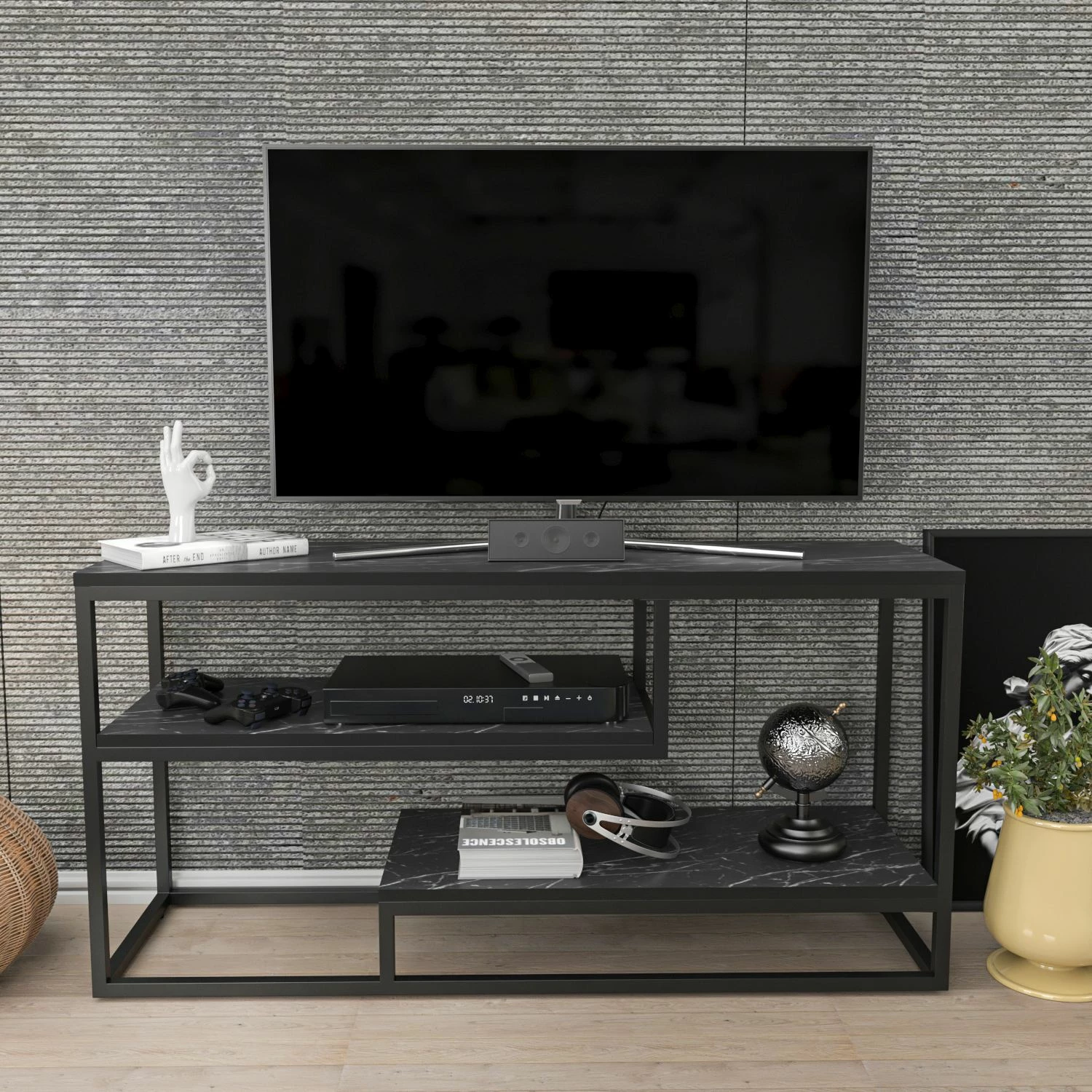 Komodinë TV Lorin, Skye Decor, e zezë dhe e bardhë