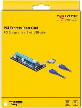 Kartë riser PCIe DeLOCK x1 në x16, kabllo USB 60 cm, USB 3.2 Gen 1, e zezë/blu/gri