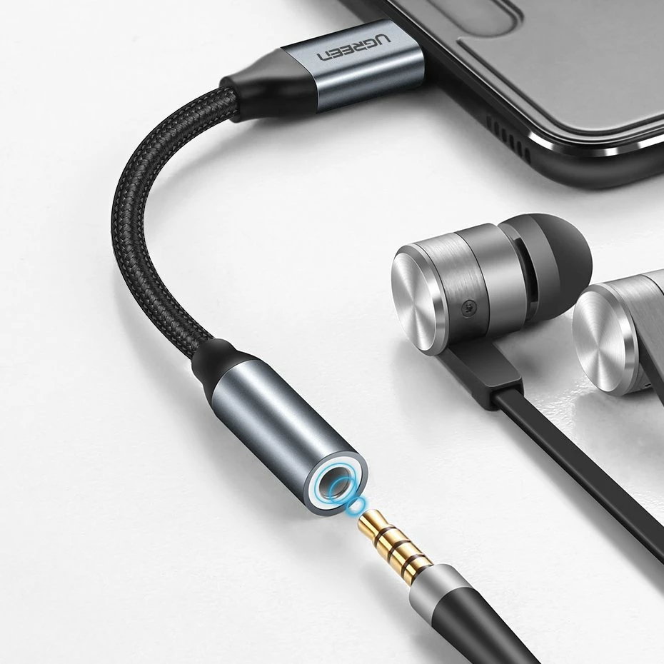 Adapter për kufje Ugreen 30632, USB-C në 3.5mm mini jack, 10cm, Gri