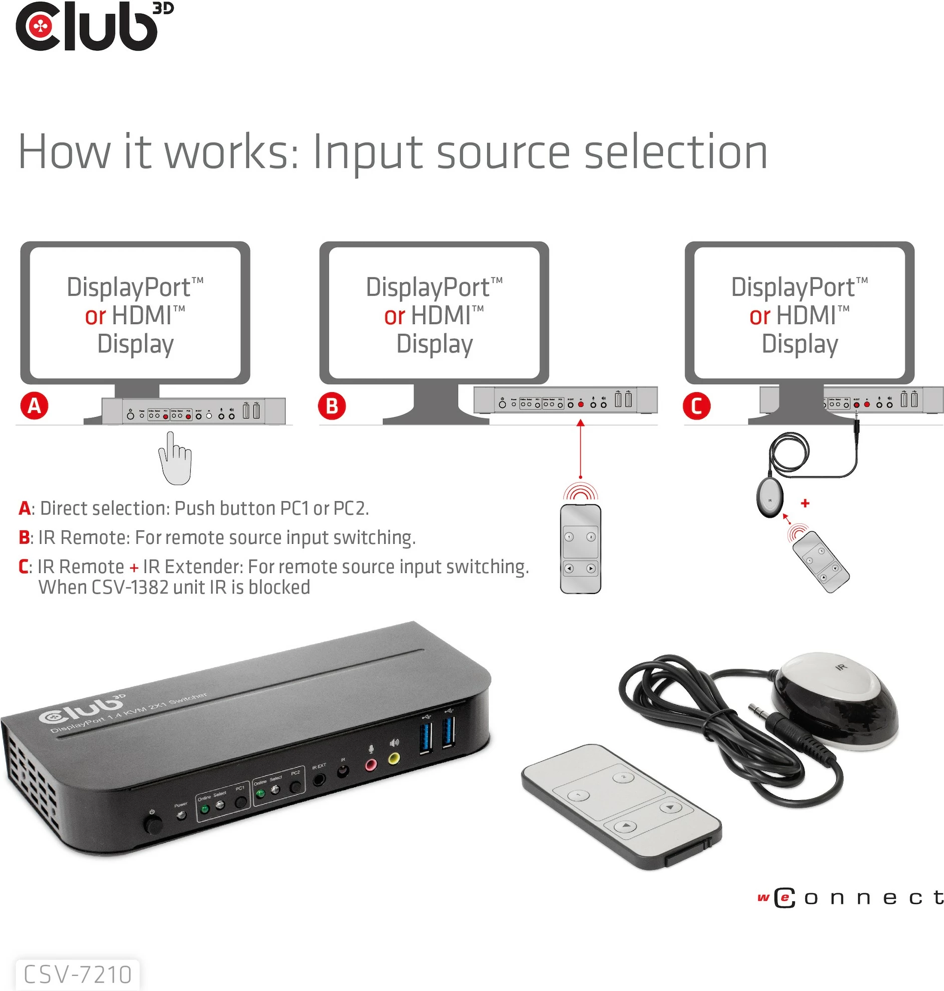 Switch KVM Club3D CSV-7210, 2x DisplayPort, 1x HDMI, 2xUSB, 4K60Hz, i zi