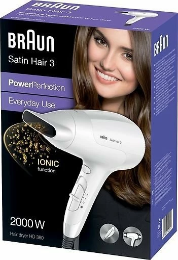 Tharëse flokësh Braun Satin Hair 3 PowerPerfection HD380 2000W me jonizim, e bardhë
