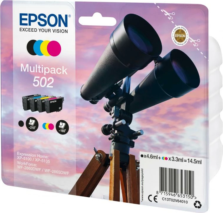 Kartush boje, Epson, 502 Multipack (C13T02V64010), 4-ngjyra CMYK, set 4 copë, e zezë/cyan/magenta/e verdhë