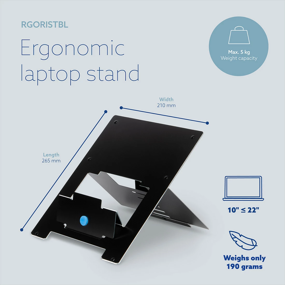 Mbajtëse laptopi R-GO Riser Flexibel, e rregullueshme 10-22", alumin, 5 kg, e zezë