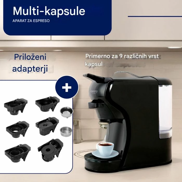 Makinë espresso CAMRY CR4414, multi-kapsulë, 19 bar, 0.6 L, 1450 W, e zezë, set me adapterë kapsulash + filtër kafeje të bluar