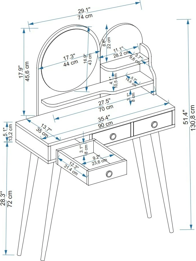 Tavolinë grimimi Hanah Home, ngjyrë Atlantic Pine, Ruges