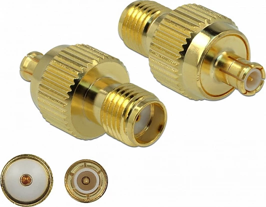 Adapter RF DeLOCK 89989, SMA Femër në MCX Femër, 50Ω, 0-3000 MHz, ngjyrë ari